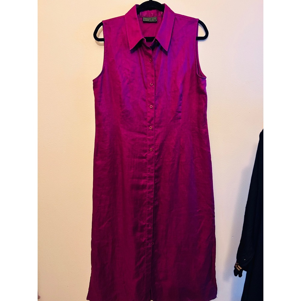 Embassy Row Pure Linen Shirt Dress Womens 12 Magenta Excellent Sleeveless Midi